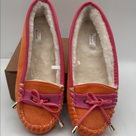 Isaac Mizrahi Orange and Pink Moccasins - Picture 1 of 3